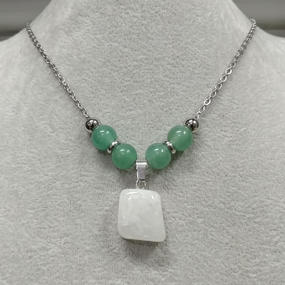 Quartz Crystal Aventurine Beaded Necklace Natural Gemstone Pendant Stainless 20"